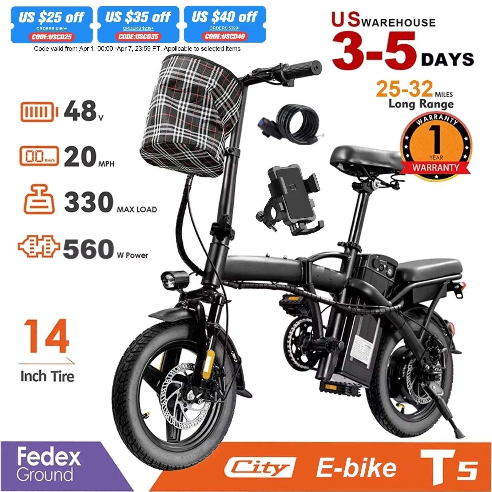 Folding Electric Bike 20MPH 560W Motor 48V Battery 32 Mile Range-Black / 48cm(165cm-170cm) / United States