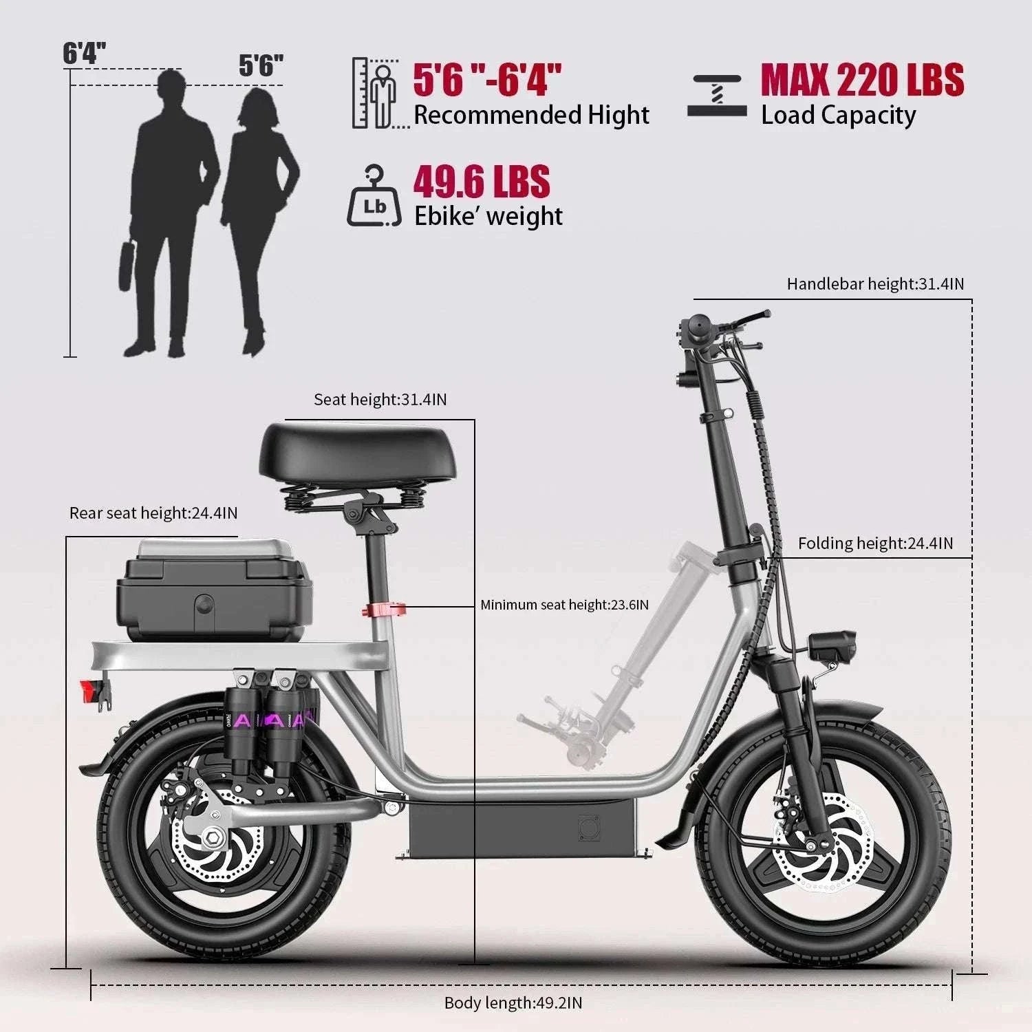 Folding Electric Bike with Seat, 48V Battery, 14" Tires, 25km/h-Black / 15A  48V / United States