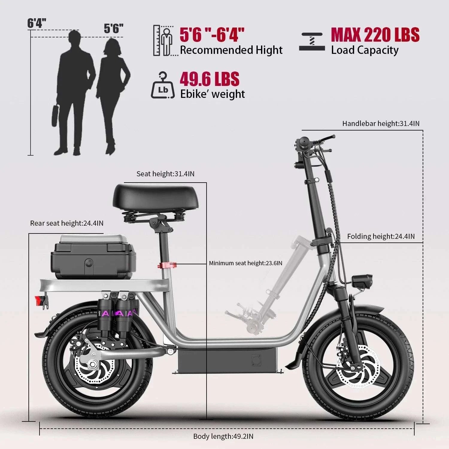 Folding Electric Bike with Seat, 48V Battery, 14" Tires, 25km/h-Black / 15A  48V / United States
