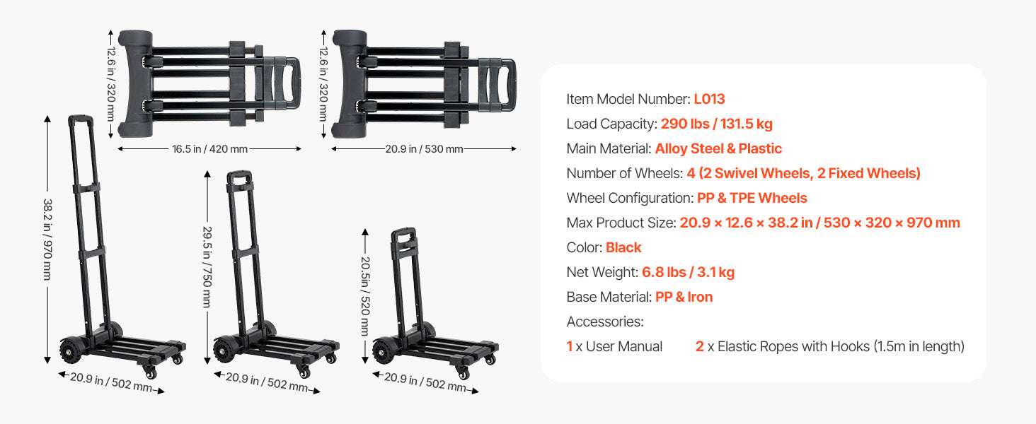 Folding Hand Truck 290lbs Capacity with 4 Wheels & Expandable Base-290 lbs / United States