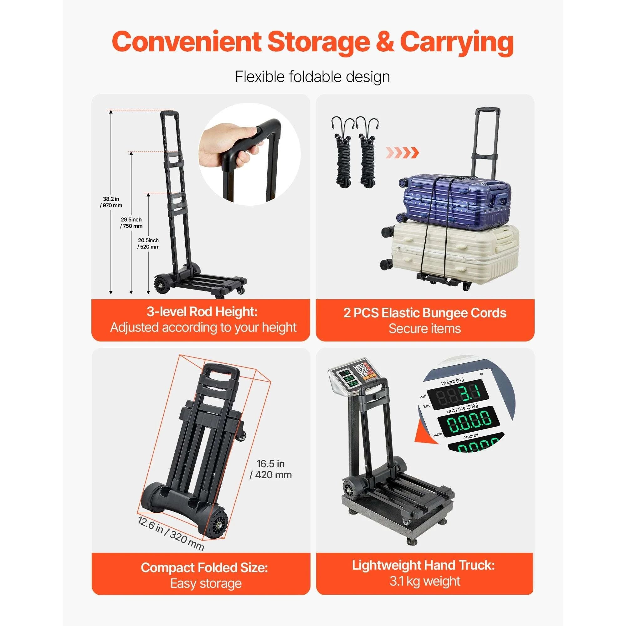Folding Hand Truck 290lbs Capacity with 4 Wheels & Expandable Base-290 lbs / United States