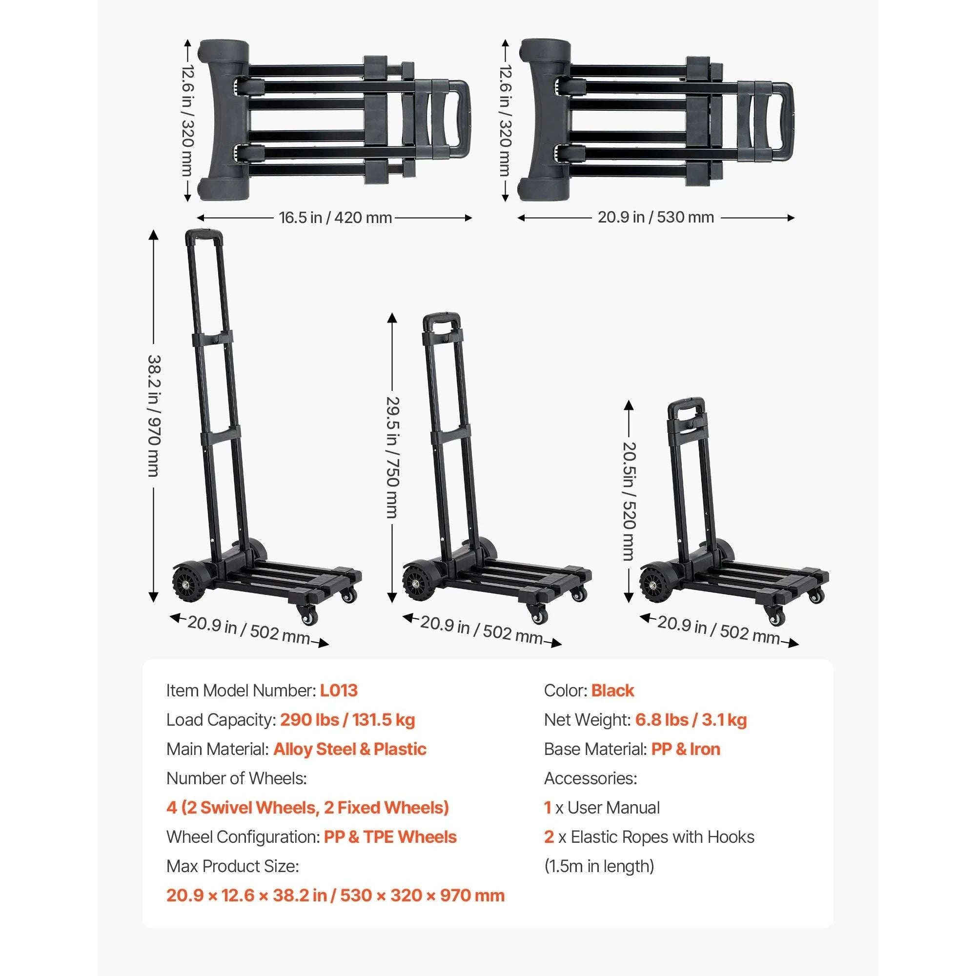 Folding Hand Truck 290lbs Capacity with 4 Wheels & Expandable Base-290 lbs / United States