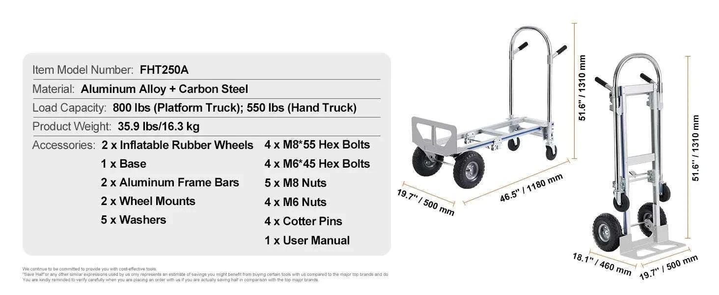 Folding Hand Truck 800 lb Convertible Dolly Cart for Heavy Moving-800lbs / CZECH REPUBLIC