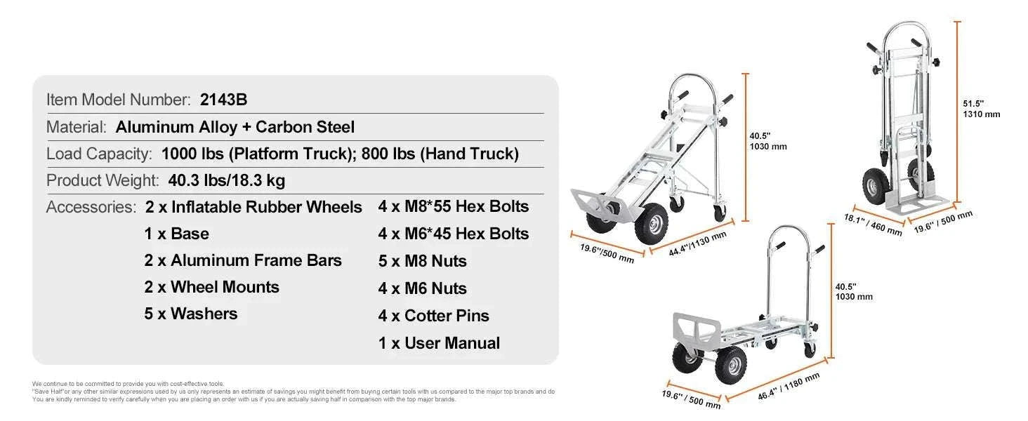 Folding Hand Truck Dolly 2-in-1 400 lb Capacity Convertible Cart-300 lbs Sliver / GERMANY
