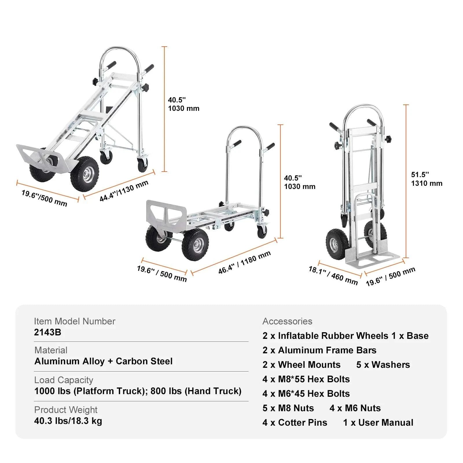 Folding Hand Truck Dolly 2-in-1 400 lb Capacity Convertible Cart-300 lbs Sliver / GERMANY