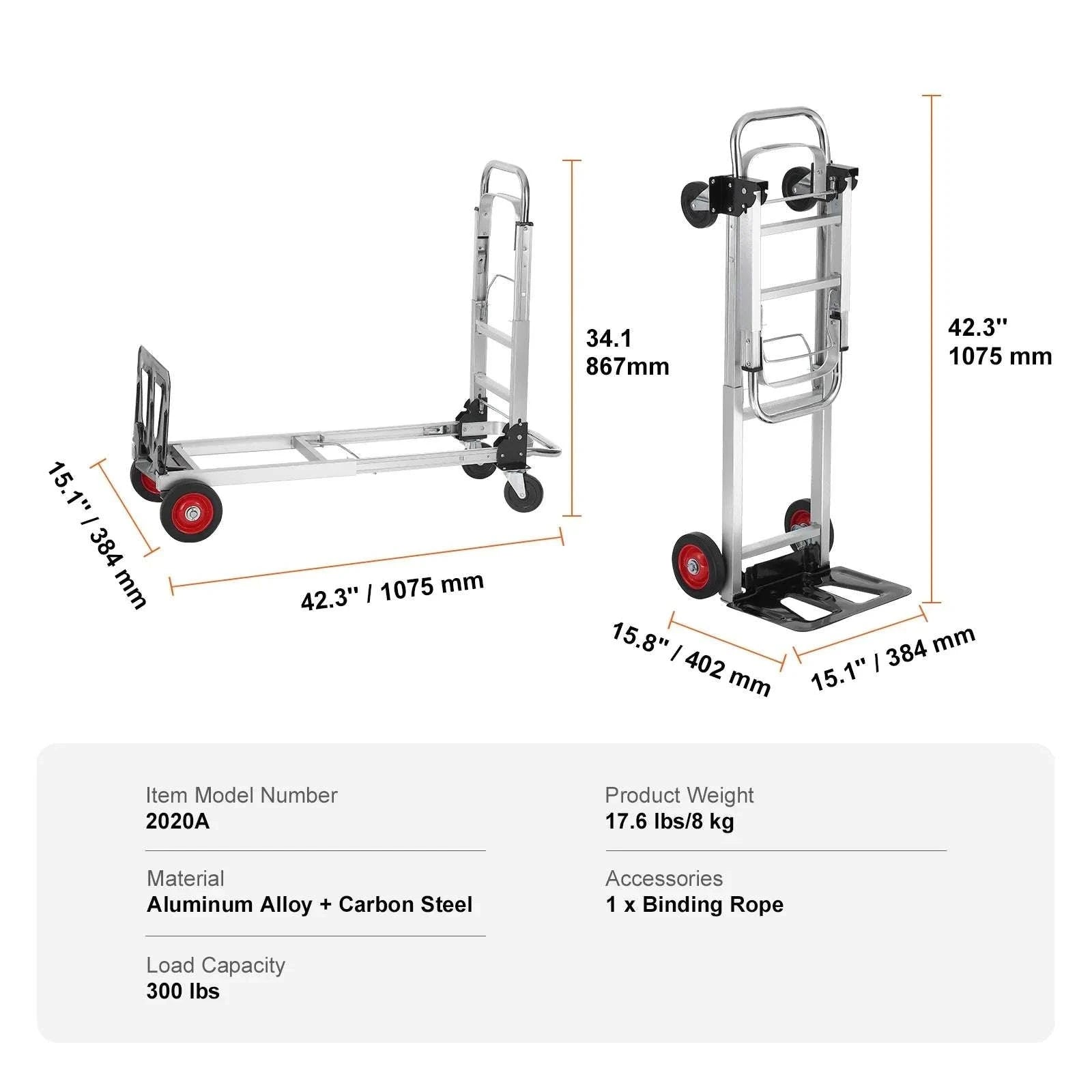 Folding Hand Truck Dolly 2-in-1 400 lb Capacity Convertible Cart-300 lbs Sliver / GERMANY