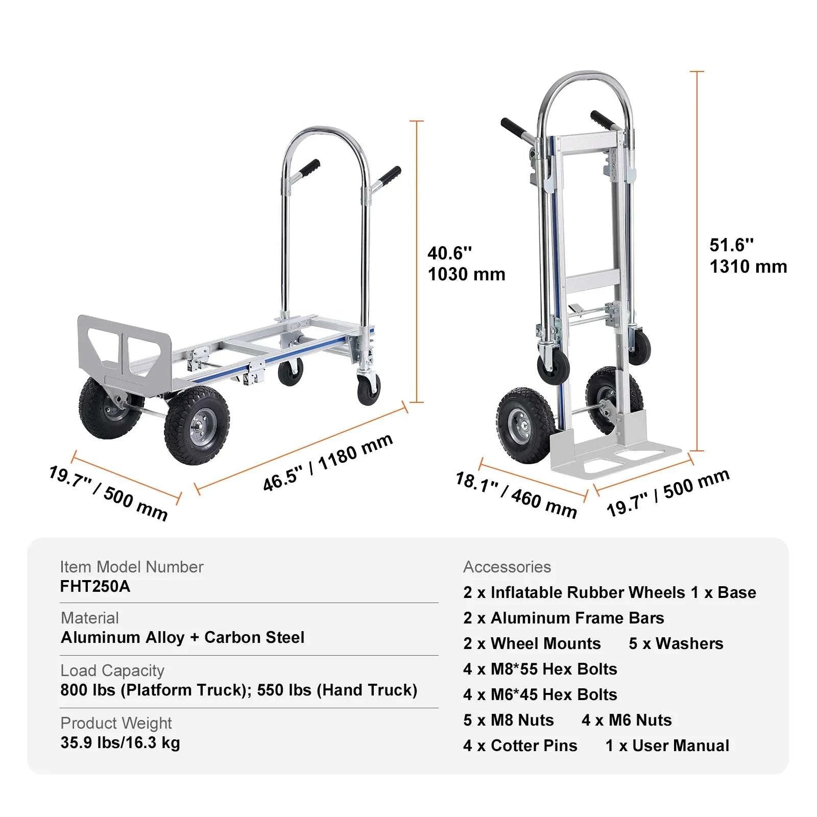 Folding Hand Truck Dolly 2-in-1 400 lb Capacity Convertible Cart-300 lbs Sliver / GERMANY