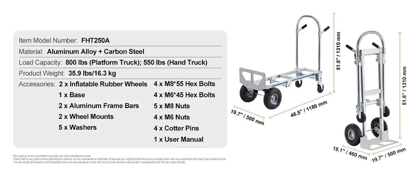 Folding Hand Truck Dolly 2-in-1 400 lb Capacity Convertible Cart-300 lbs Sliver / GERMANY