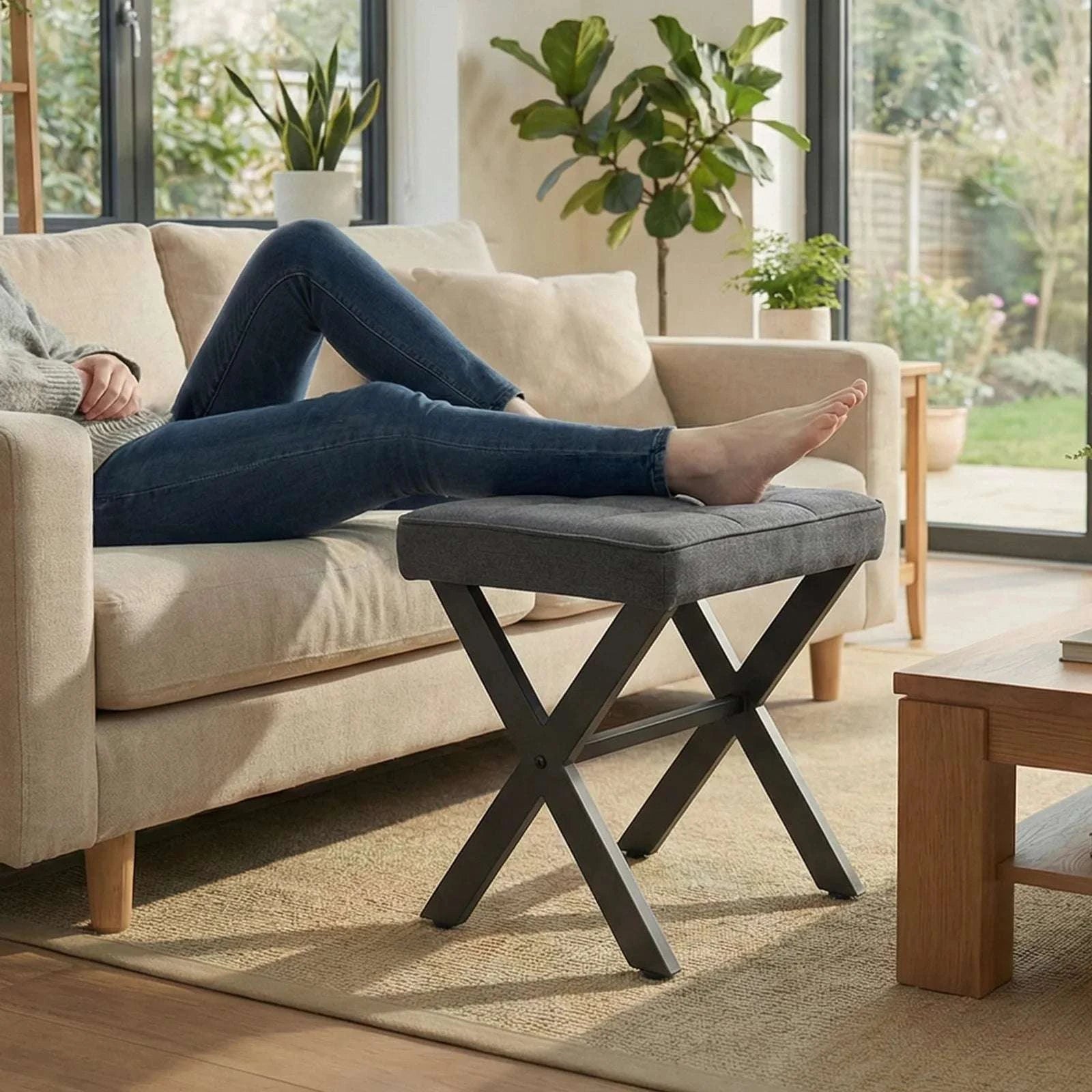 Folding Linen Ottoman with Storage & Metal Legs Padded Seat-DARK GRAY / United States