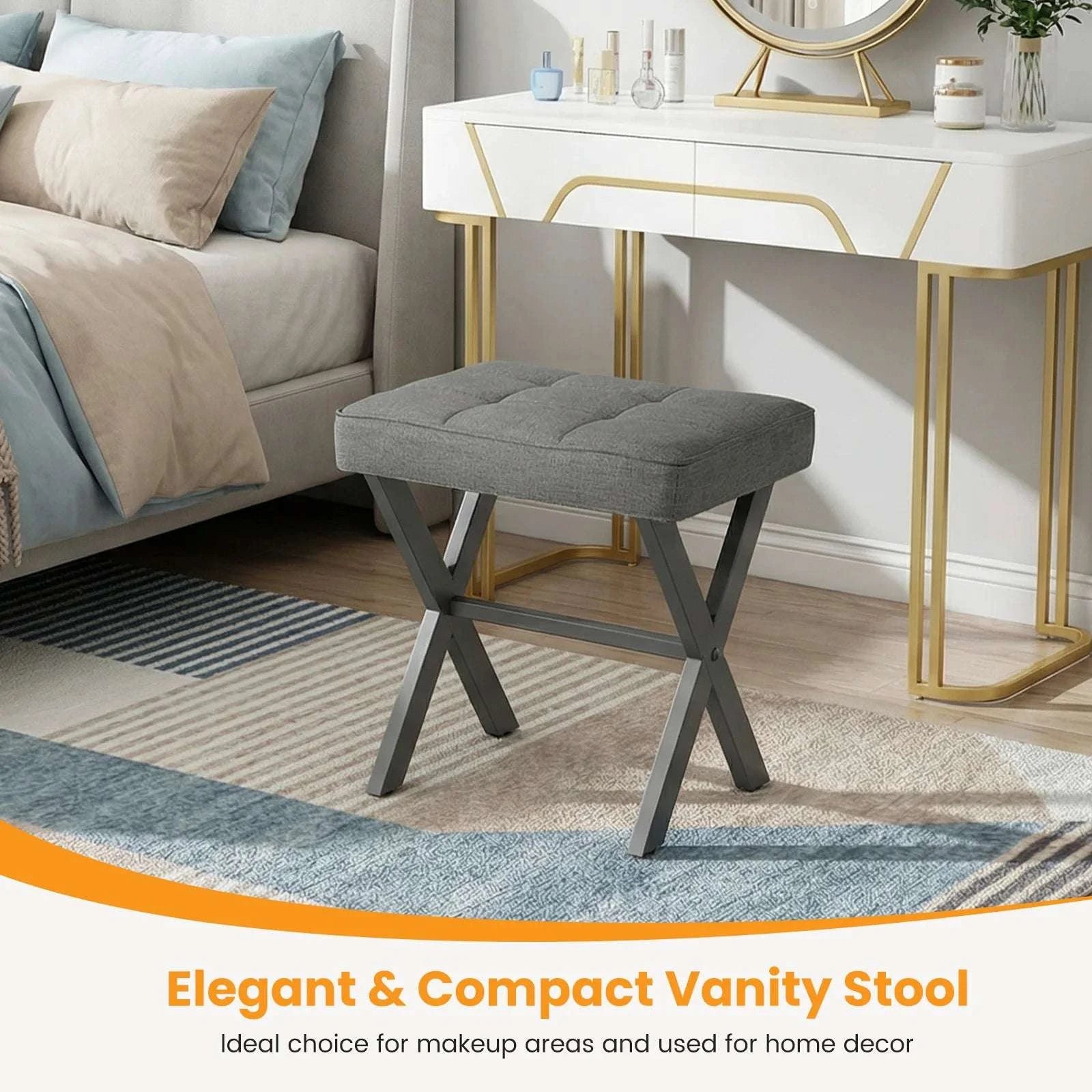 Folding Linen Ottoman with Storage & Metal Legs Padded Seat-DARK GRAY / United States