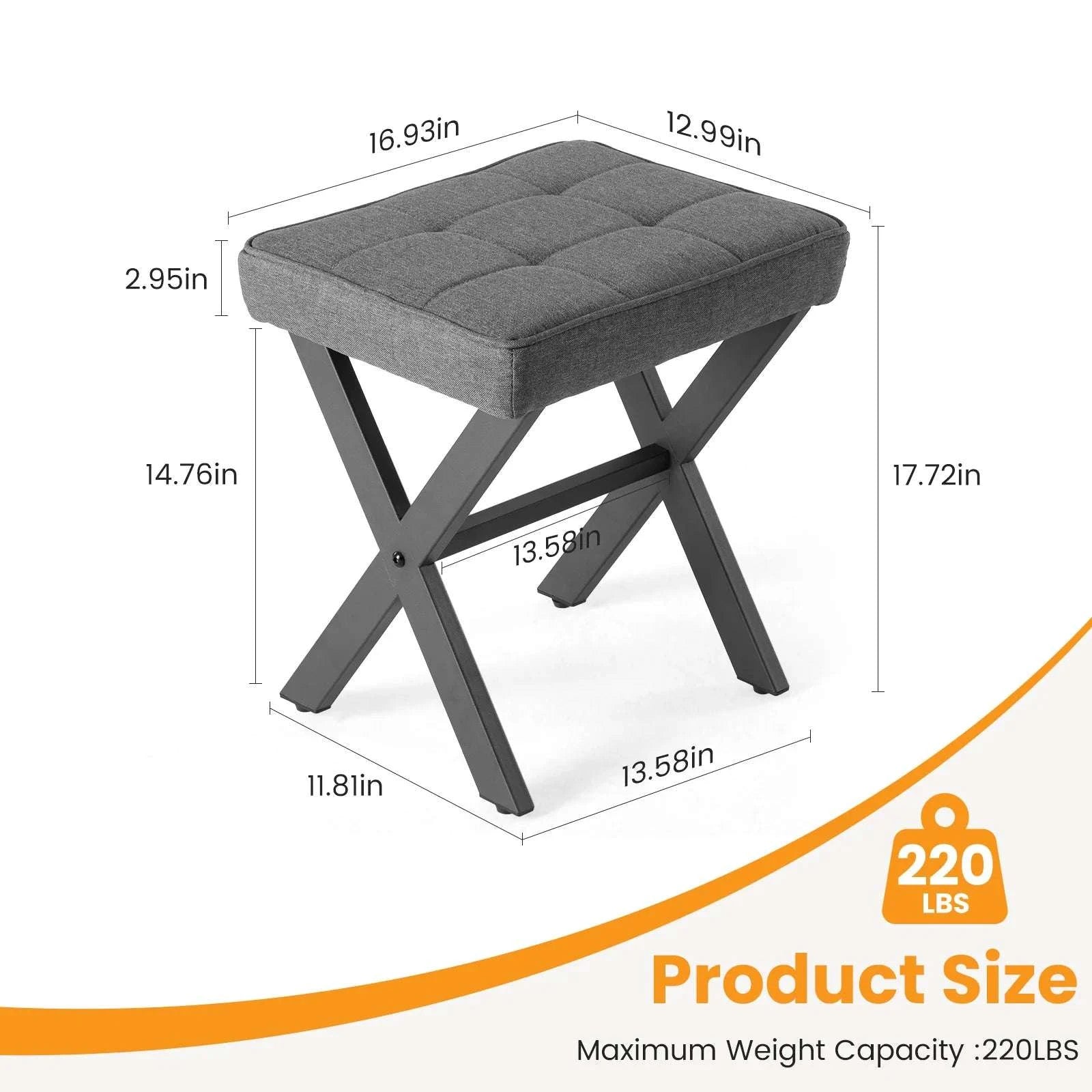 Folding Linen Ottoman with Storage & Metal Legs Padded Seat-DARK GRAY / United States