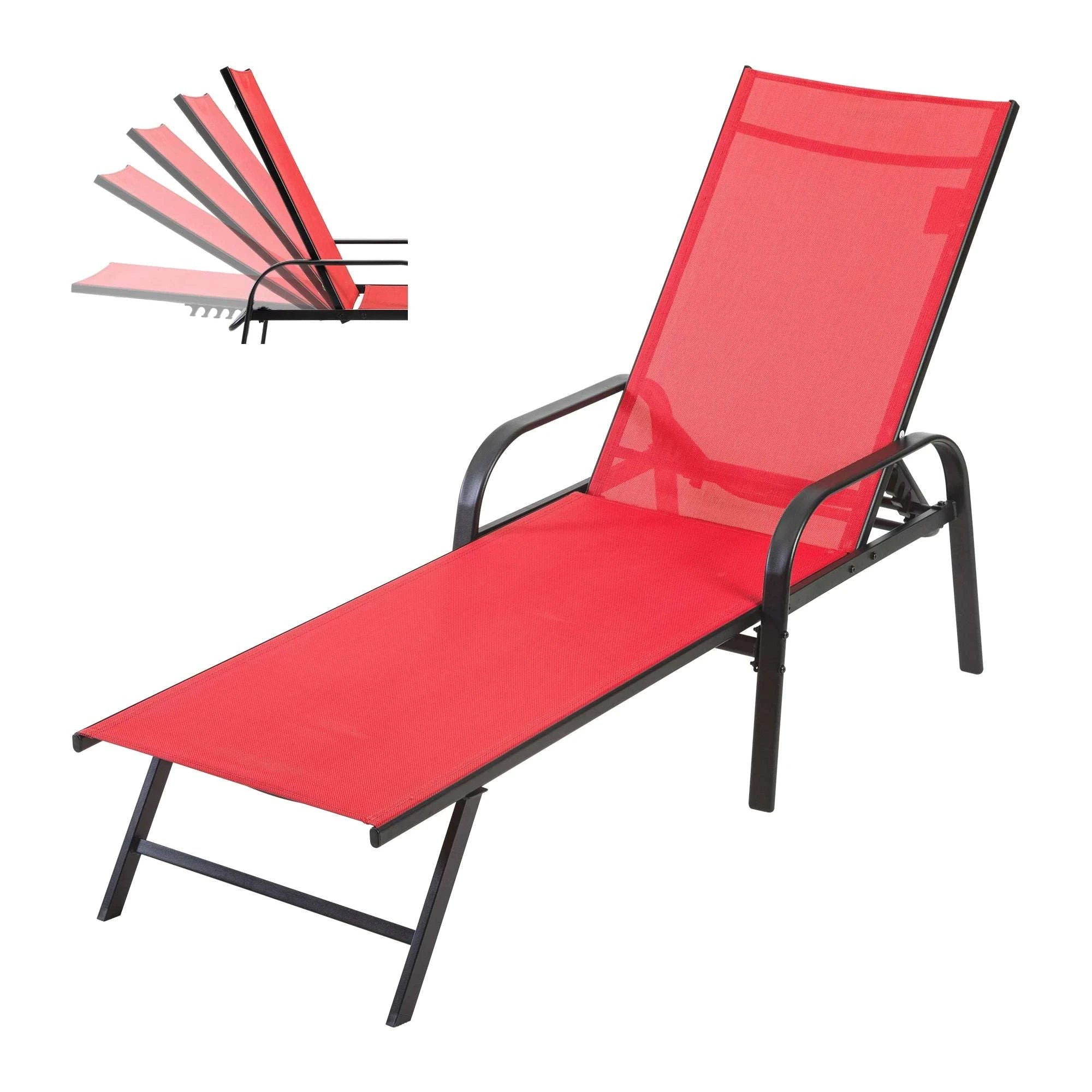 Folding Outdoor Recliner Chair with 5 Positions and Armrests-Red / United States
