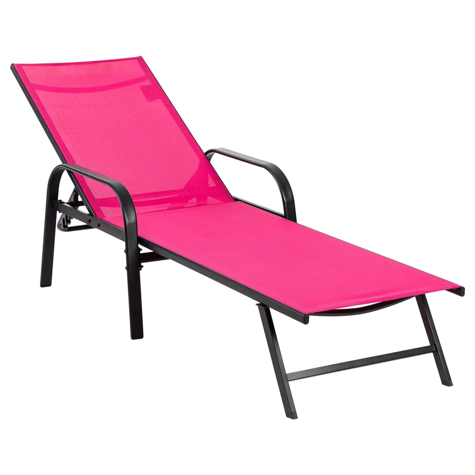 Folding Outdoor Recliner Chair with 5 Positions and Armrests-Red / United States