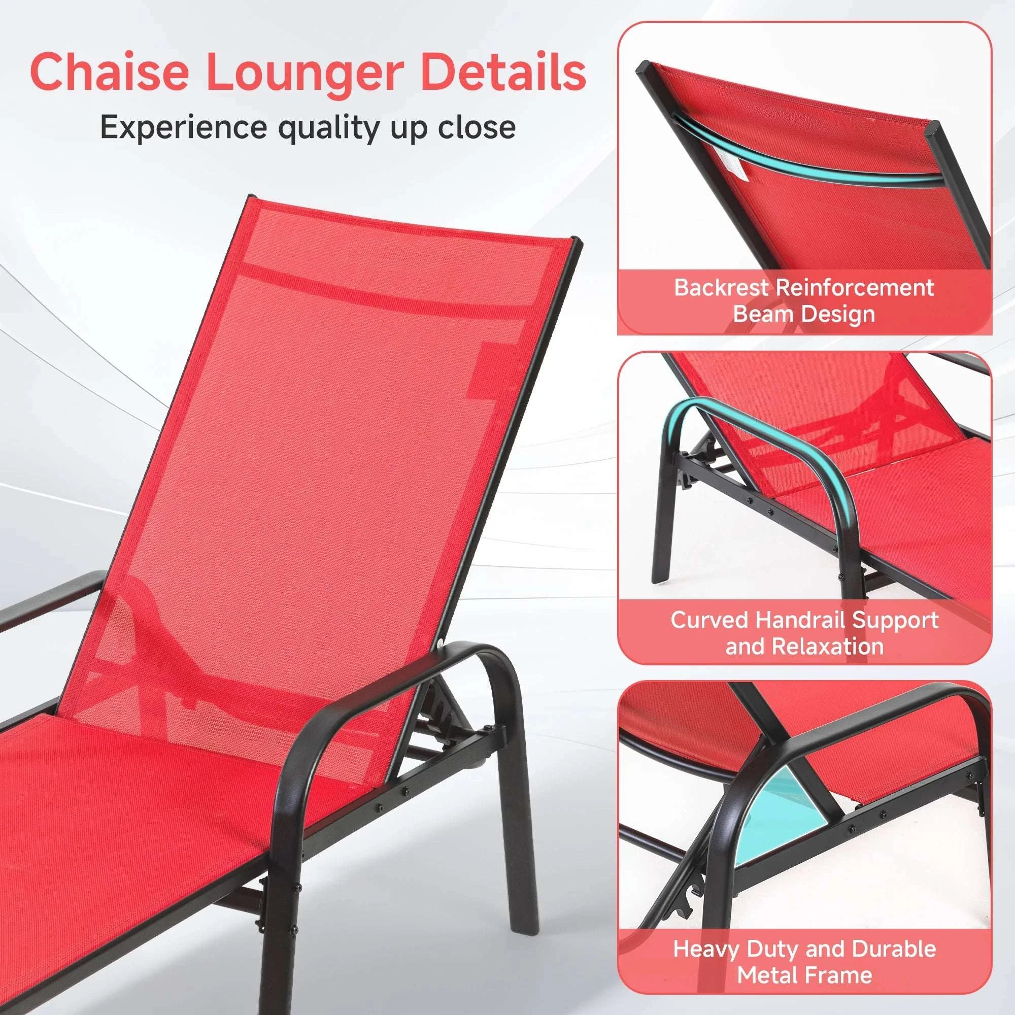 Folding Outdoor Recliner Chair with 5 Positions and Armrests-Red / United States
