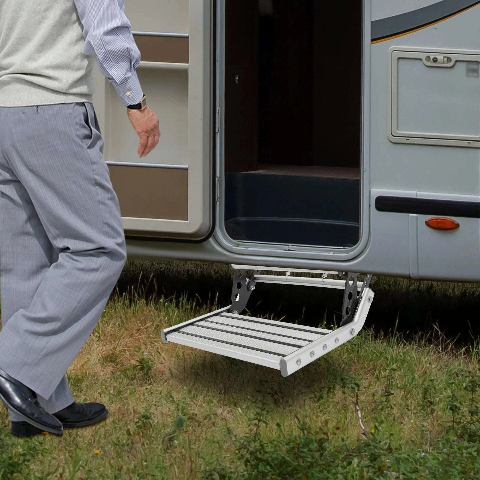 Folding RV Step Silver Aluminum Alloy 44cm with 12V LED Light-SILVER / france