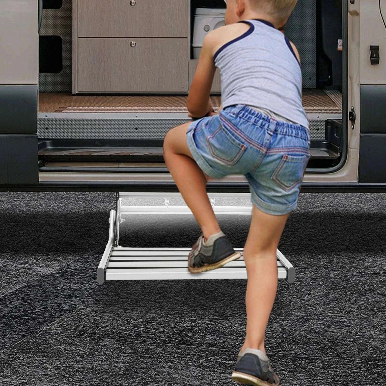 Folding RV Step Silver Aluminum Alloy 44cm with 12V LED Light-SILVER / france