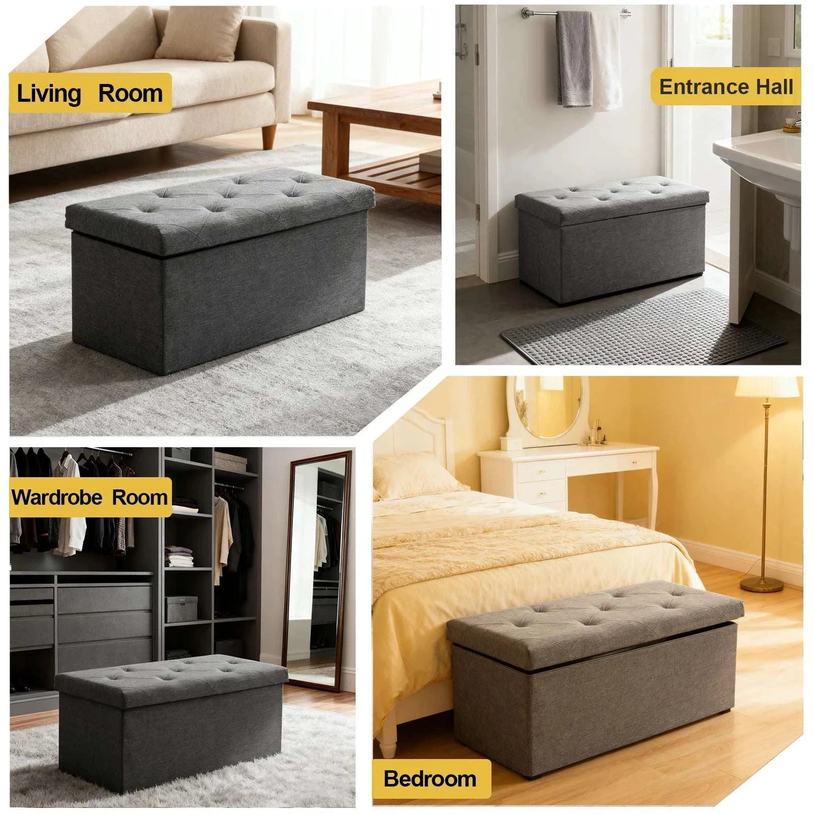 Folding Storage Ottoman Bench with Seat – Space-Saving Organizer-15 Grey / United States