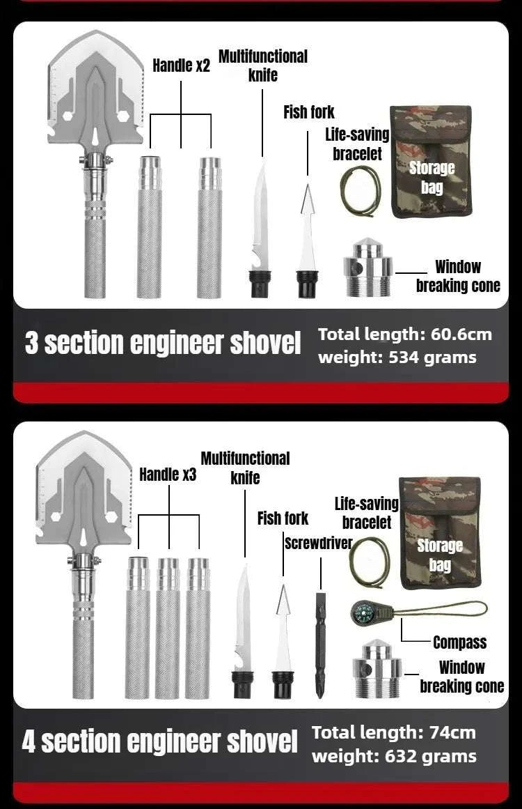 Folding Survival Shovel Multi-Tool for Camping, Hiking & Outdoor Use-4 Section