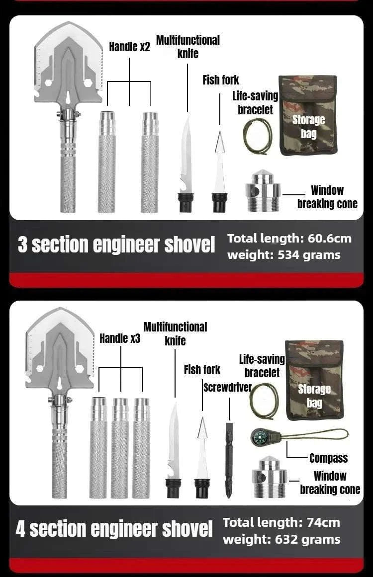 Folding Survival Shovel Multi-Tool for Camping, Hiking & Outdoor Use-4 Section