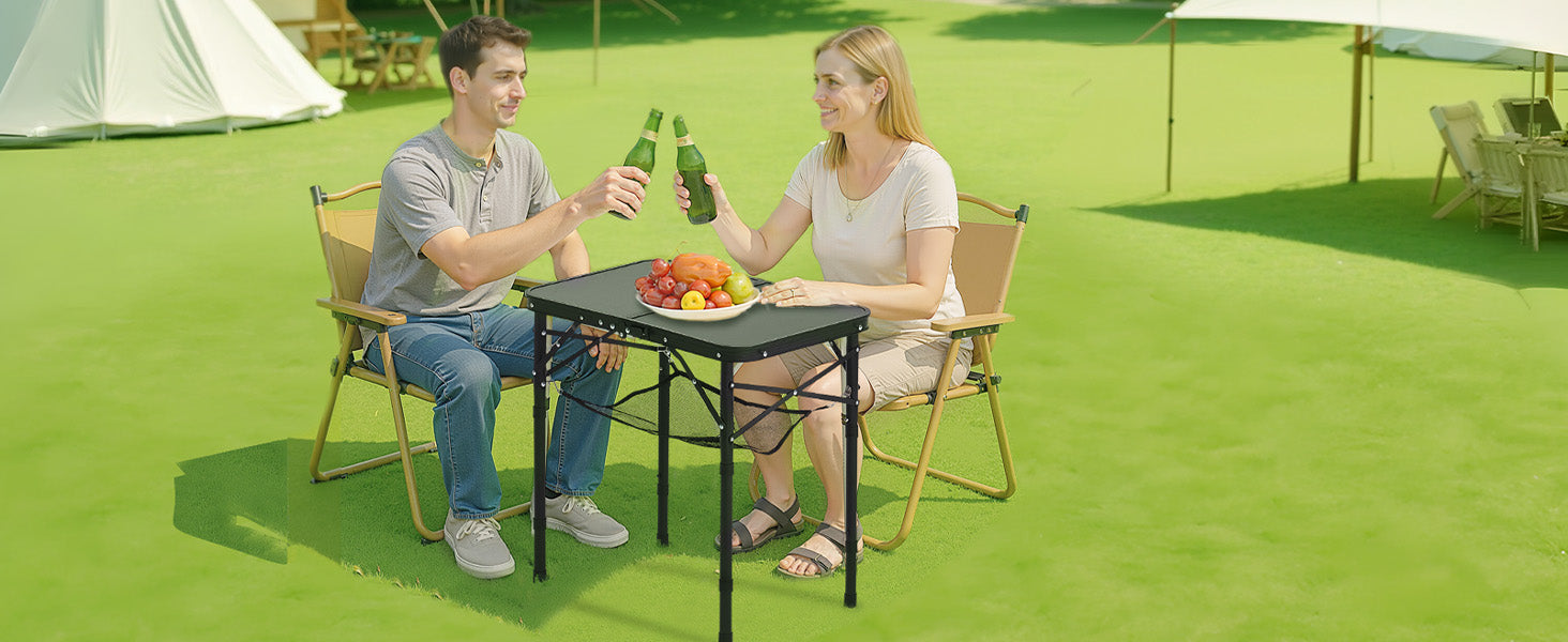 SucceBuy Folding Camping Table Adjustable Height Portable Side Tables Aluminum MDF Beach Table with Mesh Layer for Picnic BBQ