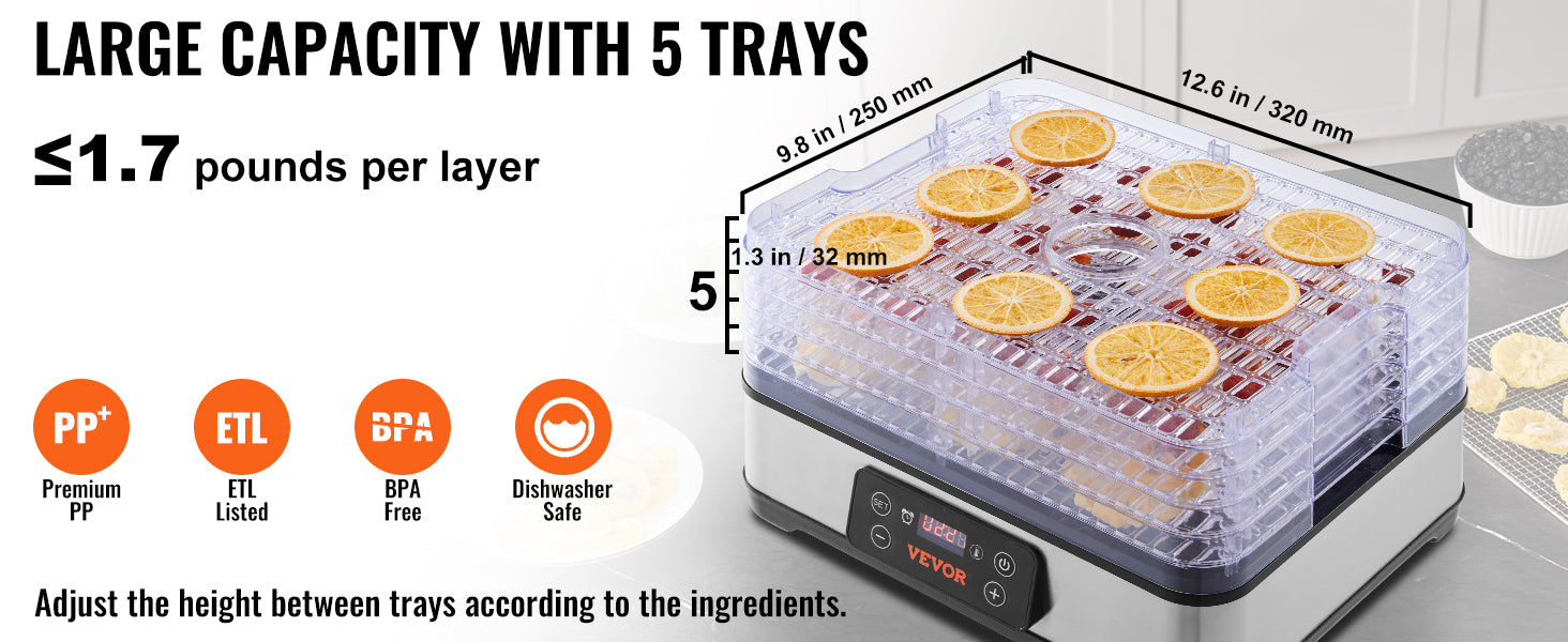 5-bakke madtørrer med timer og temperaturkontrol 300W