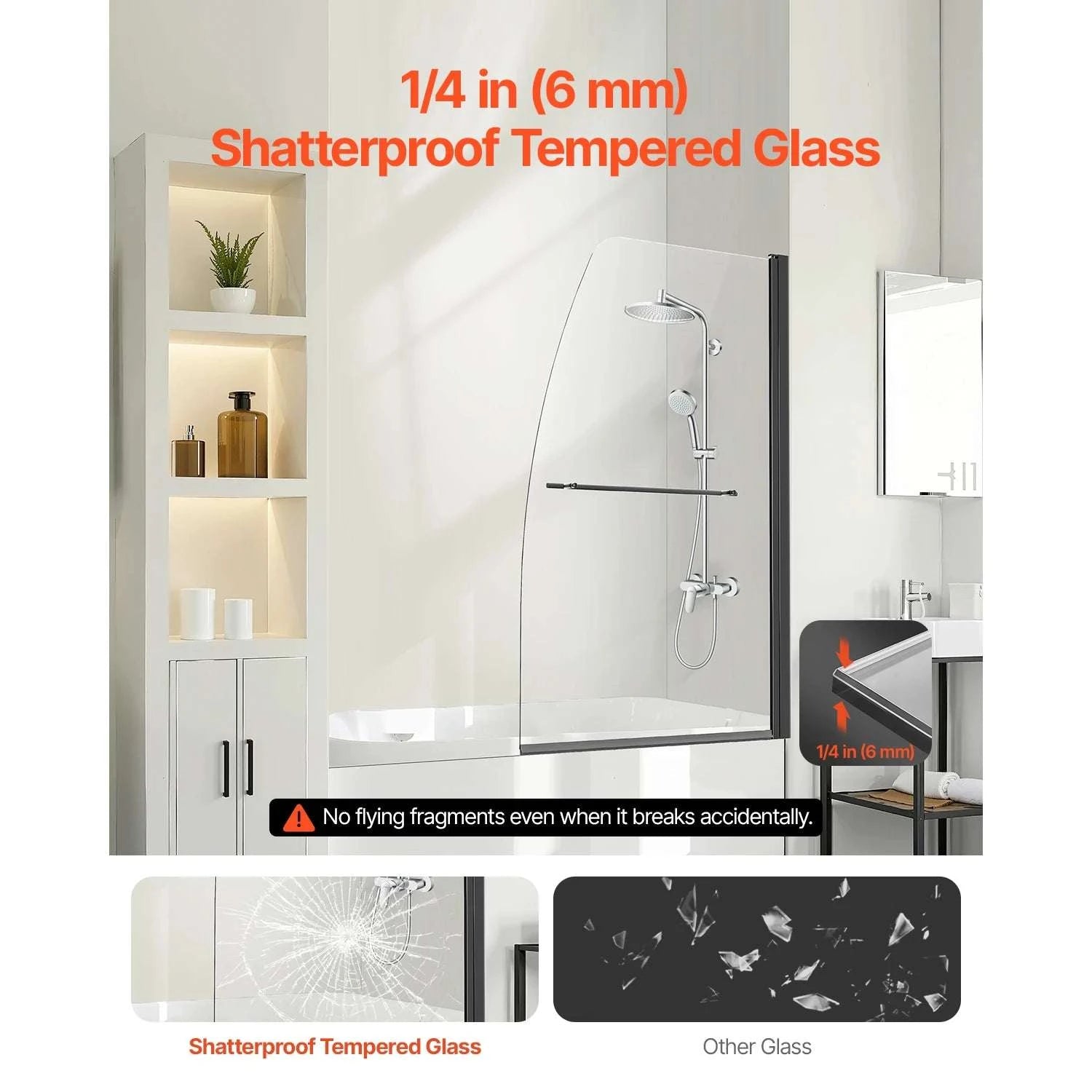 Frameless Bathtub Shower Door 34x55 Black Tempered Glass Screen-United States