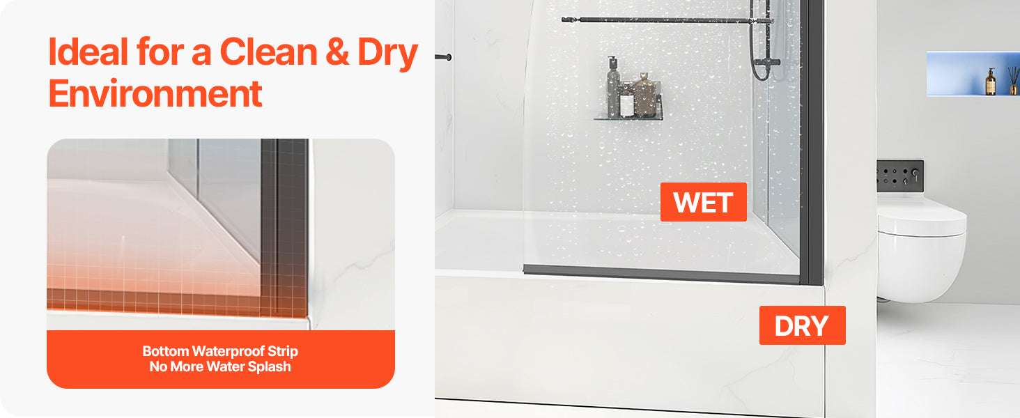 Frameless Bathtub Shower Door 34x55 Black Tempered Glass Screen-United States