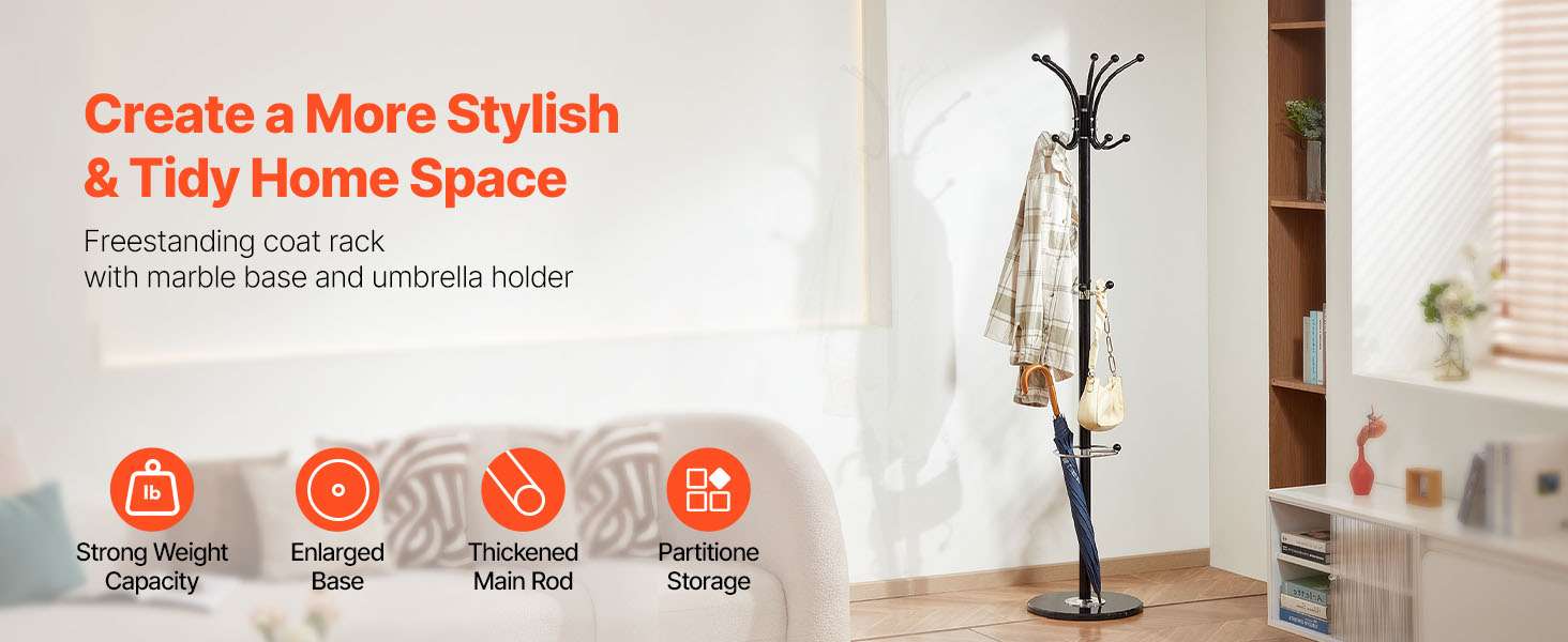 Freestanding Coat Rack with 14 Hooks & Marble Base Stand-14 Hooks / United States