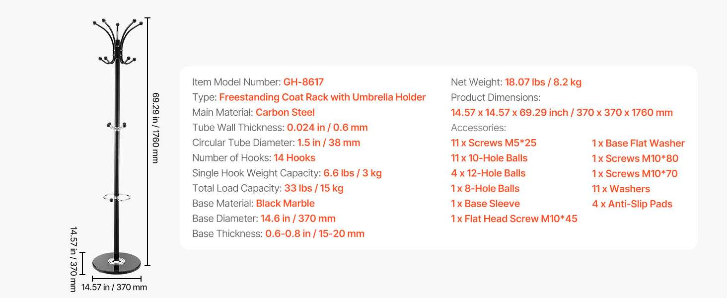 Freestanding Coat Rack with 14 Hooks & Marble Base Stand-14 Hooks / United States