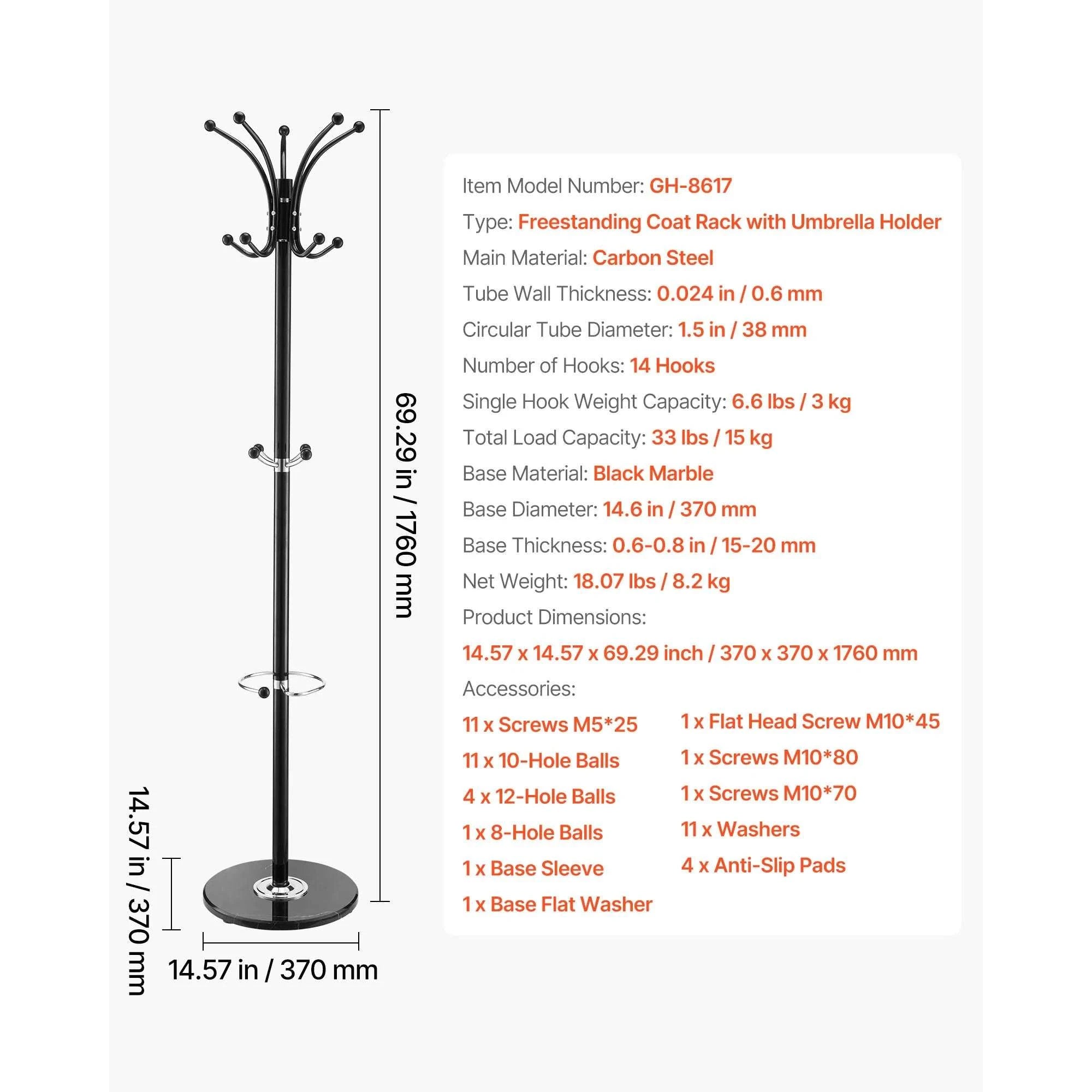 Freestanding Coat Rack with 14 Hooks & Marble Base Stand-14 Hooks / United States
