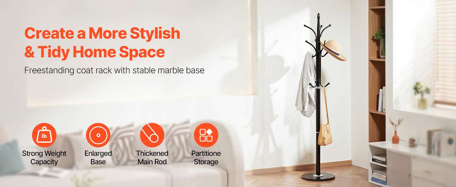 Freestanding Coat Rack with Marble Base & 6 Hooks Stand-