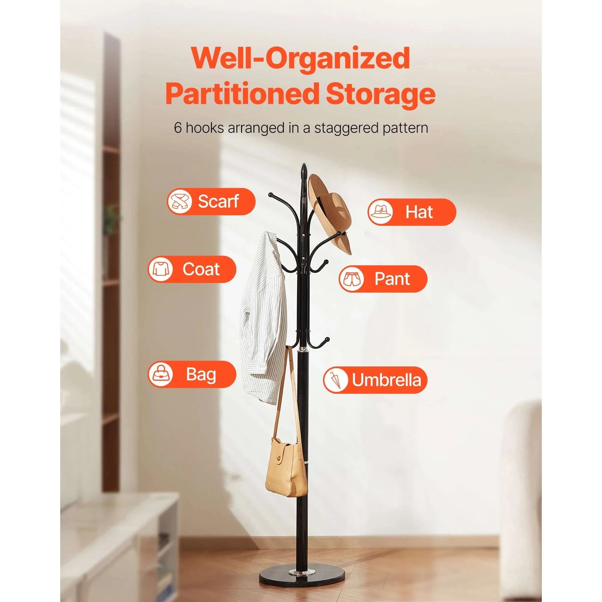 Freestanding Coat Rack with Marble Base & 6 Hooks Stand-Carbon Steel / United States