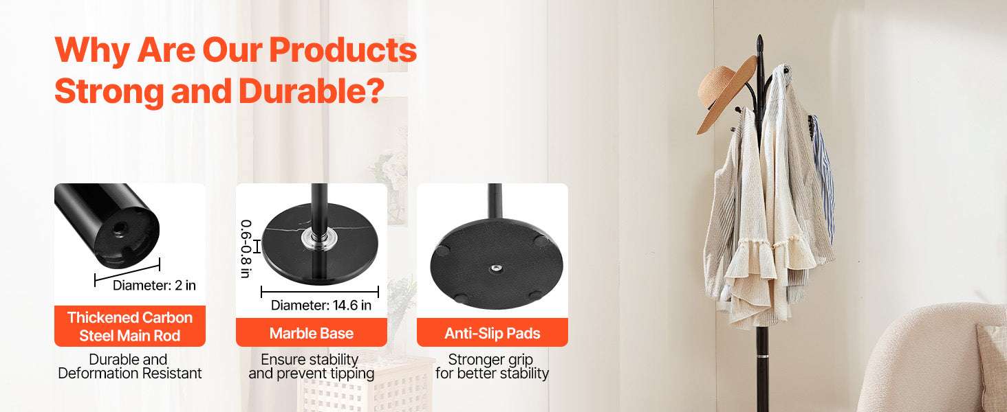 Freestanding Coat Rack with Marble Base & 6 Hooks Stand-Carbon Steel / United States