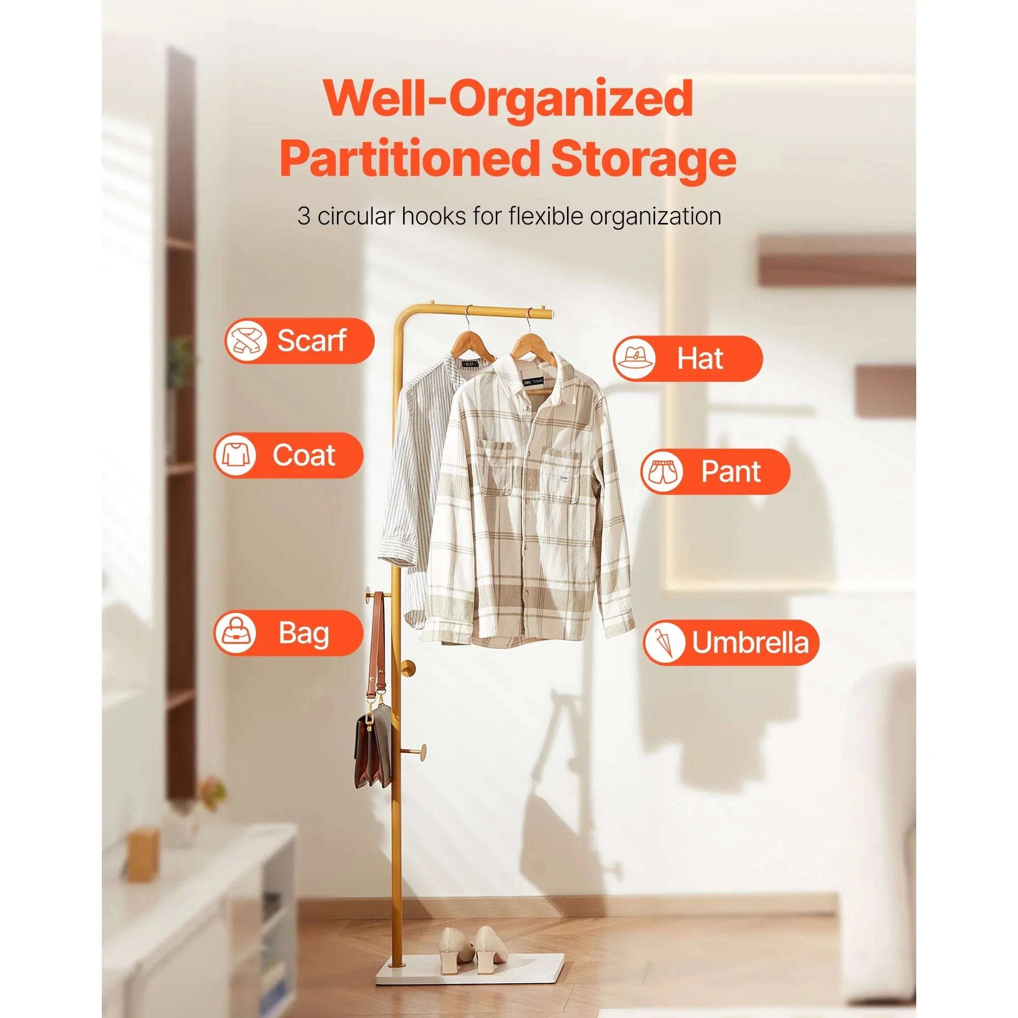 Freestanding Coat Rack with Quartz Base and 3 Hooks Stand-7-Shaped / United States