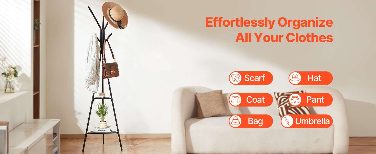Freestanding Coat Rack with Shelves and Hooks for Entryway Storage-Carbon Steel / United States