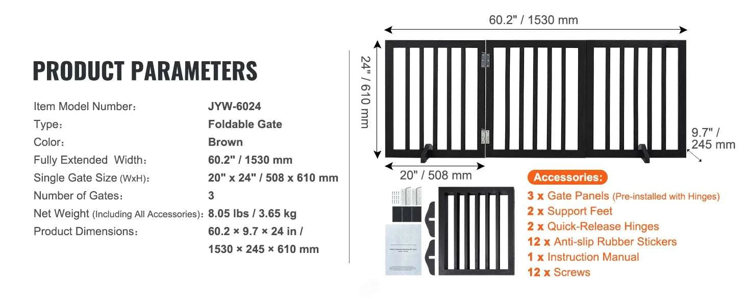 Freestanding Foldable Dog Gate 3 Panel Wood Pet Barrier 60"-White / 96 Inches / CZECH REPUBLIC
