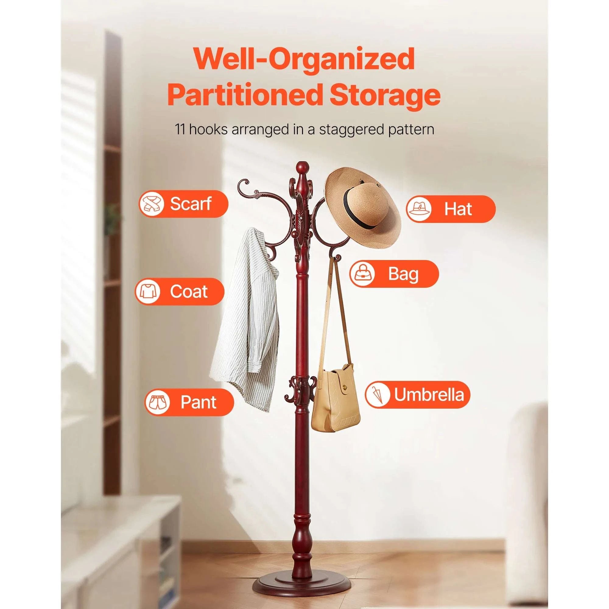 Freestanding Wooden Coat Rack with 11 Hooks & Weighted Base-Birch Wood / United States