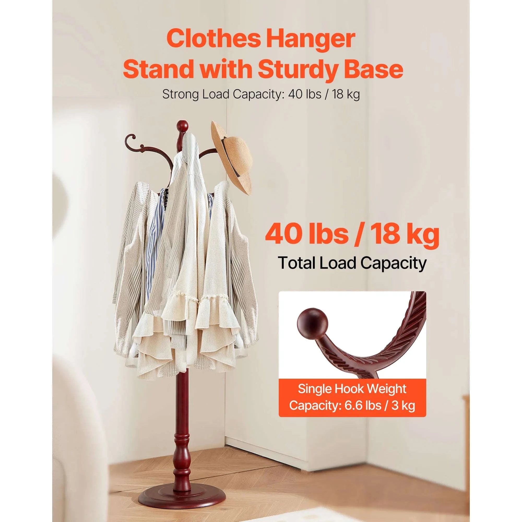 Freestanding Wooden Coat Rack with 11 Hooks & Weighted Base-Birch Wood / United States
