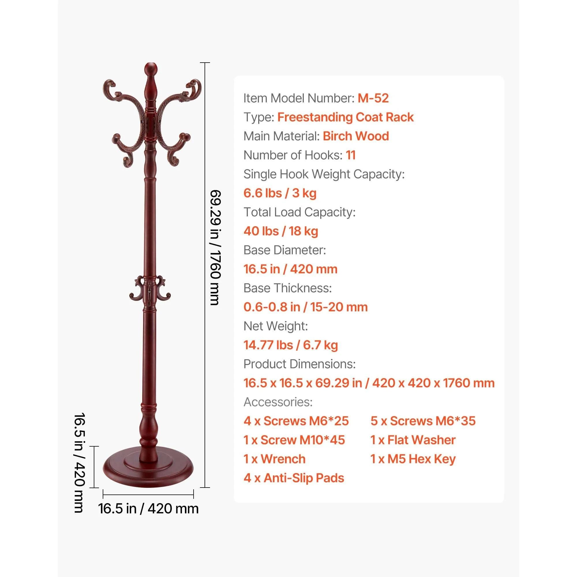 Freestanding Wooden Coat Rack with 11 Hooks & Weighted Base-Birch Wood / United States