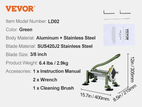 French Fry Cutter Potato Slicer with 1/2 and 3/8 Inch Stainless Steel Blades-LD03 2 Size / france