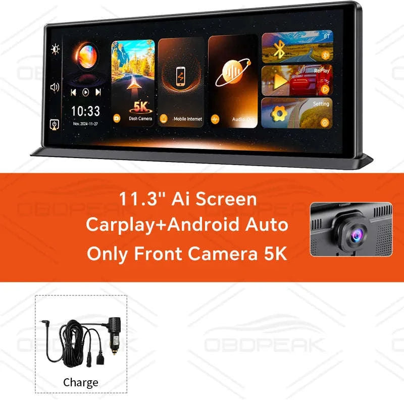 Front 5K Rear 1080P Dash Cam with 11.3-Inch Touch Screen and Night Vision-Single Len / With 64G TF Card