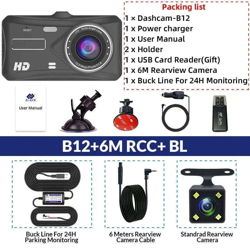 Front and Rear 1080P Dashcam with 4 Inch Touch Screen-B12-6M RCC-BL / None