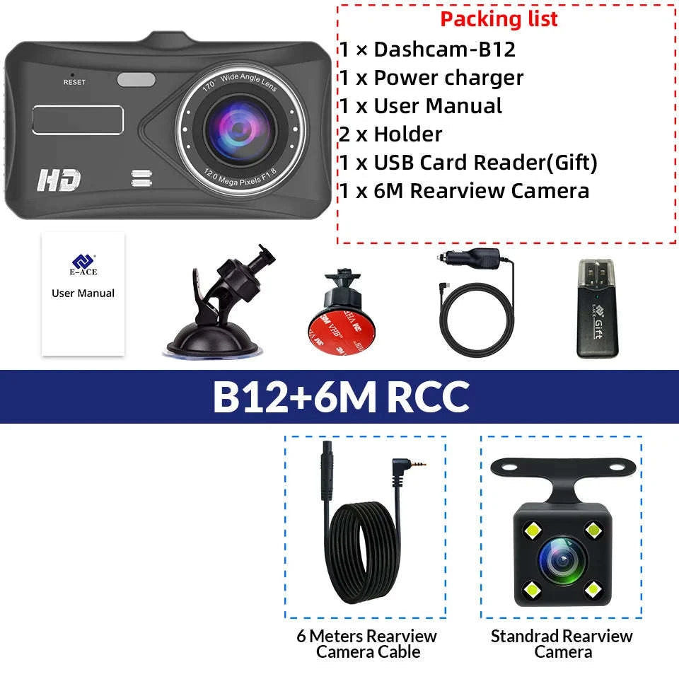 Front and Rear 1080P Dashcam with 4 Inch Touch Screen-B12-6M RCC-BL / None