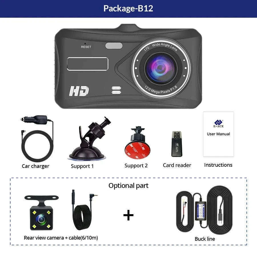 Front and Rear 1080P Dashcam with 4 Inch Touch Screen-B12-6M RCC-BL / None