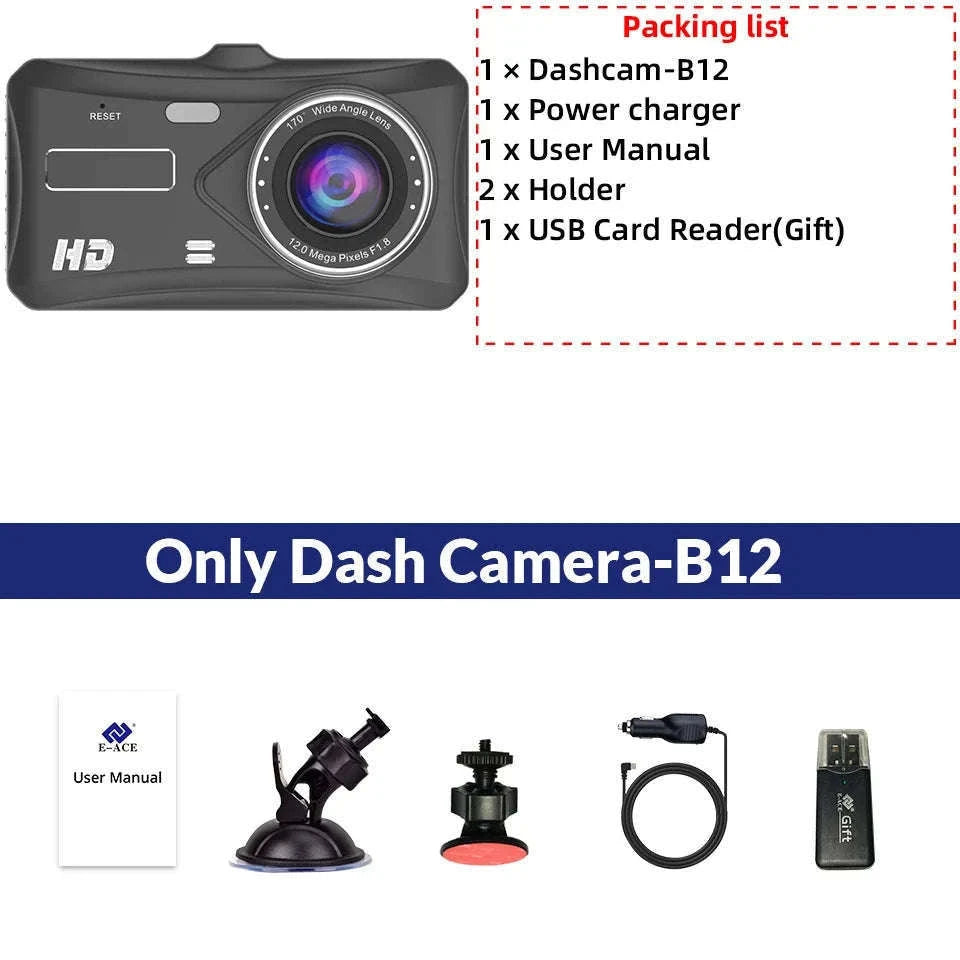 Front and Rear 1080P Dashcam with 4 Inch Touch Screen-B12-6M RCC-BL / None