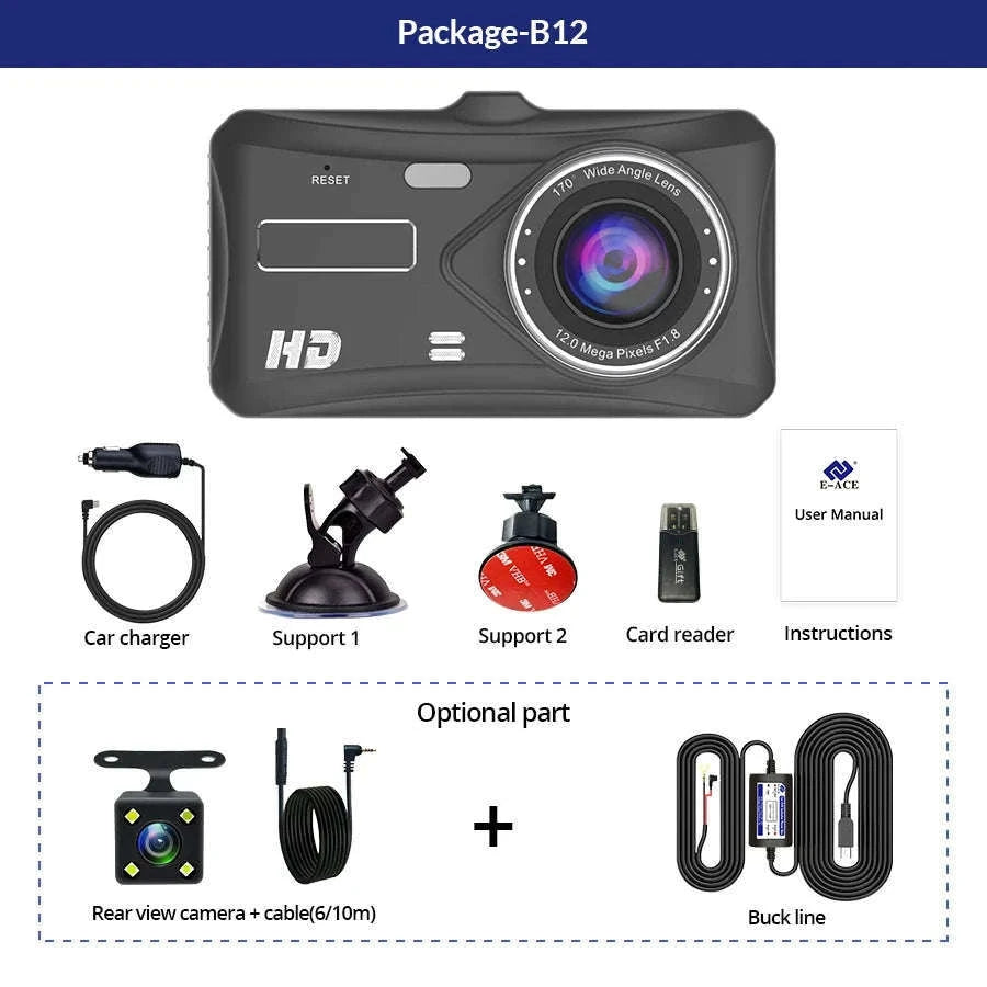 Front and Rear 1080P Dashcam with 4 Inch Touch Screen-B12-6M RCC-BL / None
