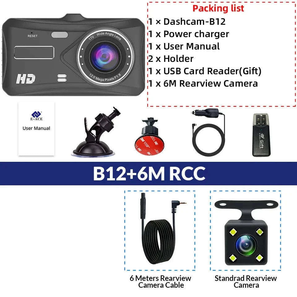 Front and Rear 1080P Dashcam with 4 Inch Touch Screen-B12-6M RCC-BL / None