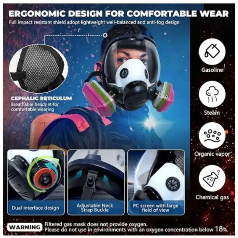 Full Face Gas Mask 6800 with Anti-Fog Lens & Dual Filtration-27 in1