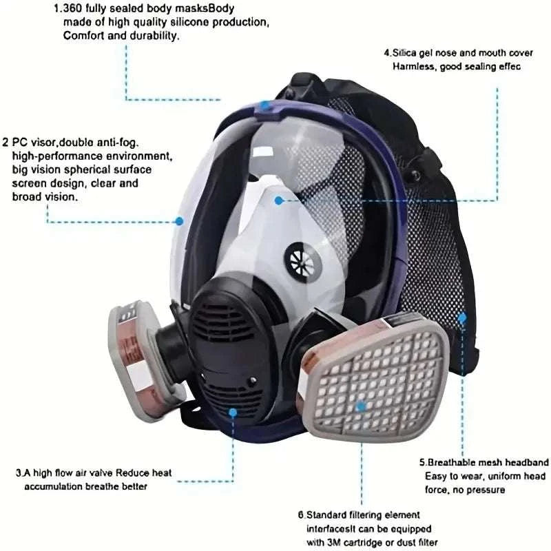 Full Face Gas Mask 6800 with Anti-Fog Lens & Dual Filtration-27 in1