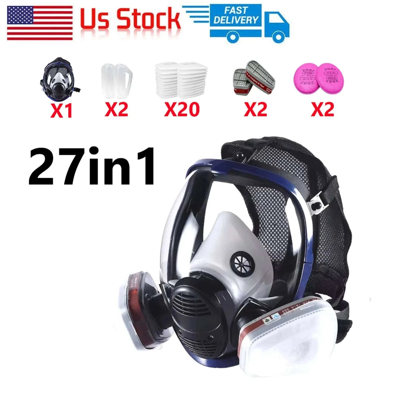 Full Face Respirator Mask Kit 27-in-1 Reusable Safety Protection Set-27in1 / United States